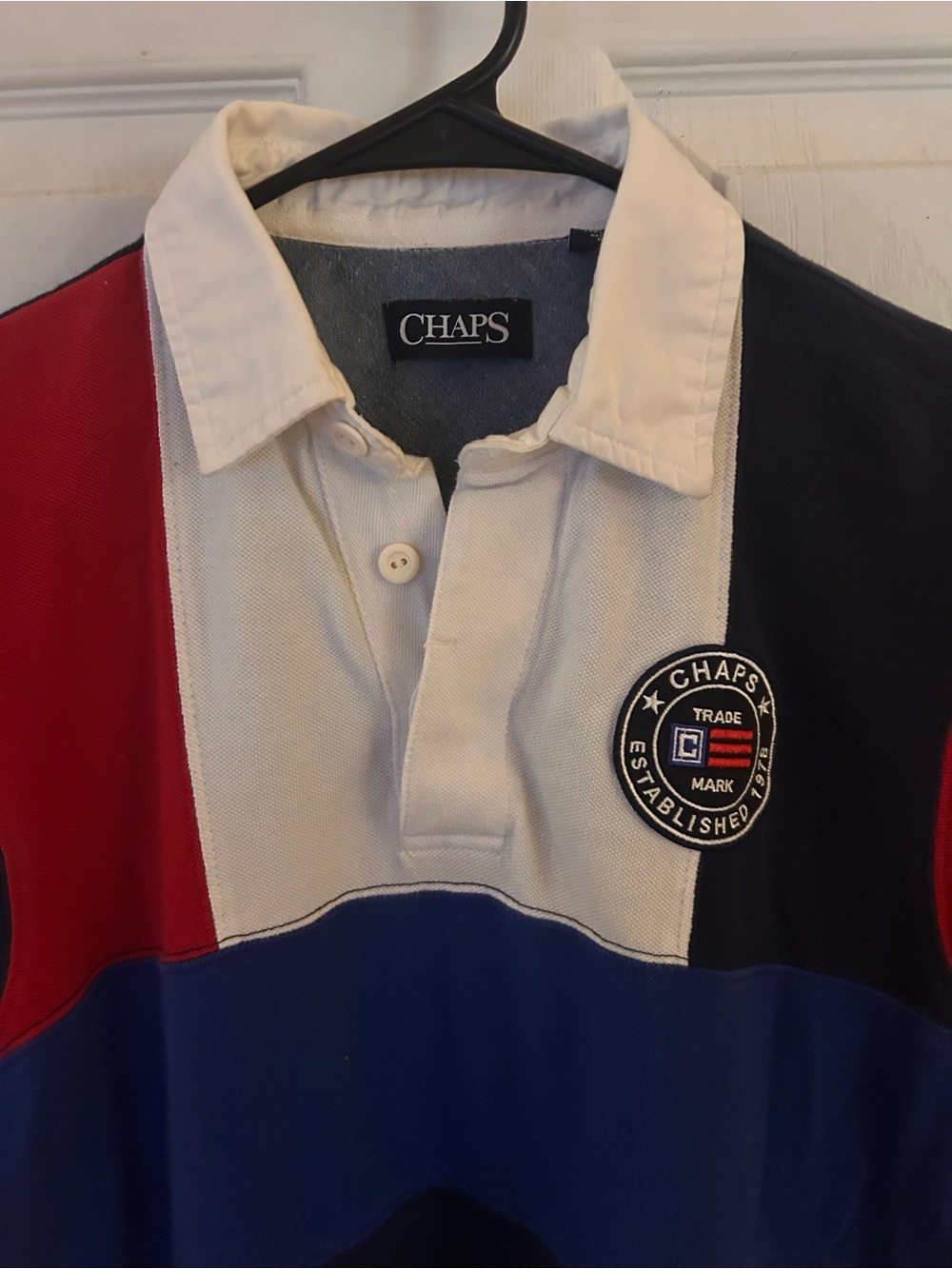 CHAPS Men’s Colorblock Short Sleeve Polo Shirt in Red/White/Blue